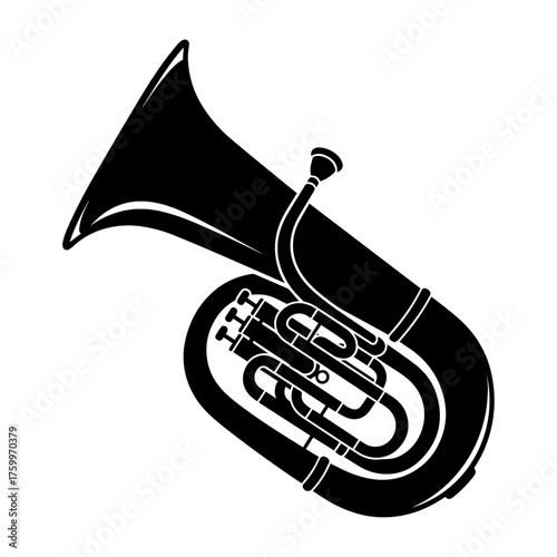 Stylized black silhouette of a brass tuba or euphonium musical instrument, bell up, with visible valves.