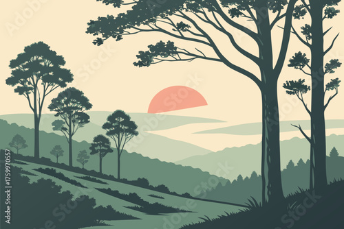 Flat minimalist vector of Shenandoah Valley forest and sunset
