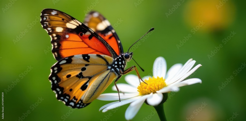 Obraz premium Close-up of painted lady butterfly sipping nectar from daisy , summer, photography, petal