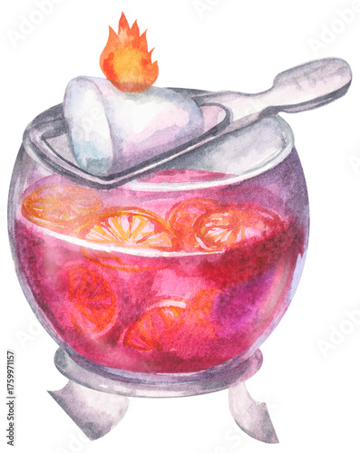 Punch with fire tongs. Feuerzangenbowle. Watercolor hand drawing painted illustration.