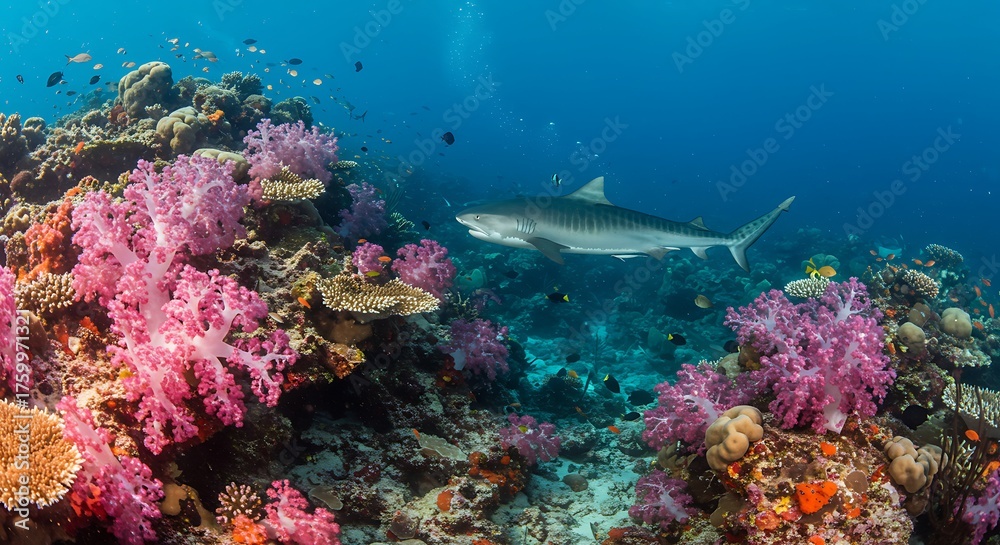Fototapeta premium Underwater scene with a shark and colorful coral reef ecosystem