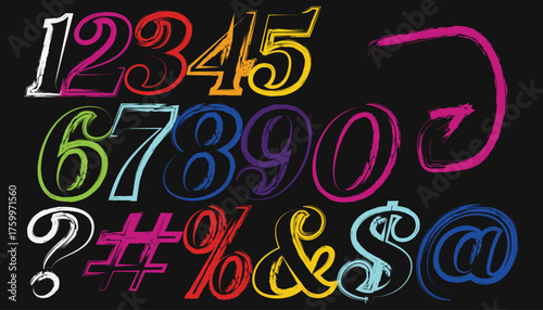 Colorful Grunge Numbers and Symbols on Black Background Vector Illustration