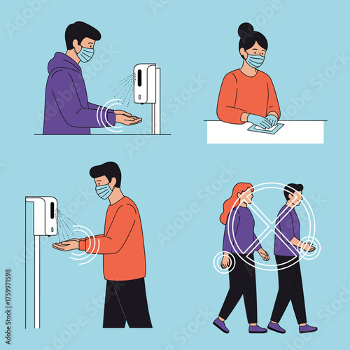 Maintaining hygiene and social distancing to prevent virus spread.