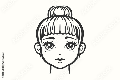 Monochromatic illustration shows a young girl with her hair in a bun neatly done