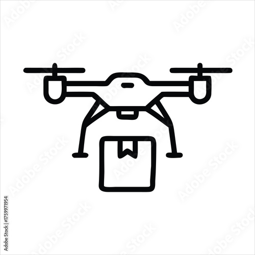 Drone Carrying Small Delivery Box Outline Vector Icon for UAV Delivery, Logistics, and E-commerce Package Transport