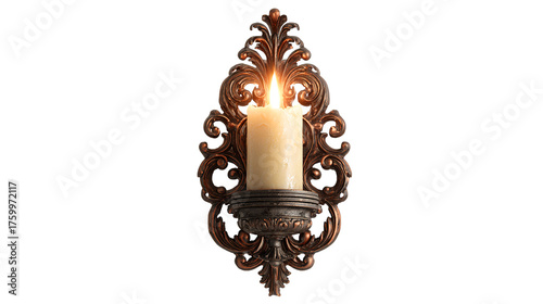 Ornate wall sconce with a lit candle on a white background isolated on a transparent background