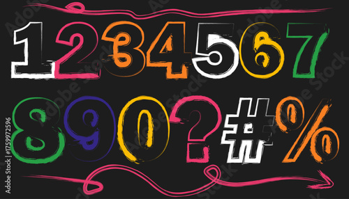 Colorful Hand Drawn Numbers and Symbols on Black Background Design