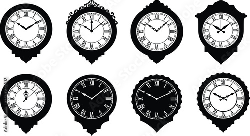 Black silhouette vector illustration of decorative analog clocks with Roman numerals, vintage retro timepieces, ornate design icons, punctuality, education, time management concepts