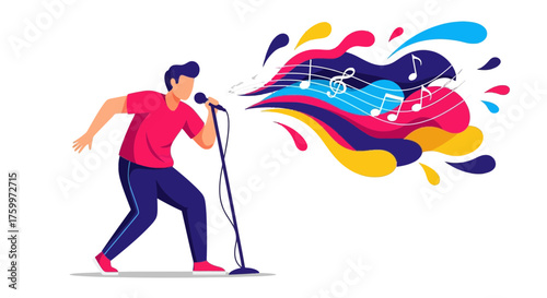 Abstract Vocal Performance Depicting a Singer Expressing through Colorful Musical Notes