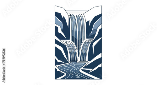 Abstract Waterfall Illustration Featuring Dramatic Blue Hues and Stylized Geometry
