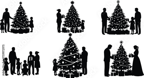 Black silhouette vector illustration of families and children decorating Christmas tree, exchanging gifts, celebrating holiday season, festive traditions, joy, and togetherness