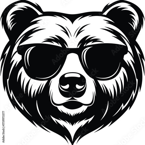 Monochrome portrait shows a bear head wearing sunglasses with a white background