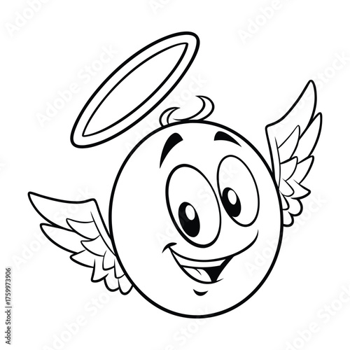 Minimalistic line art of a smiling carton angel face with a halo and wings, perfect for icons or simple illustrations.