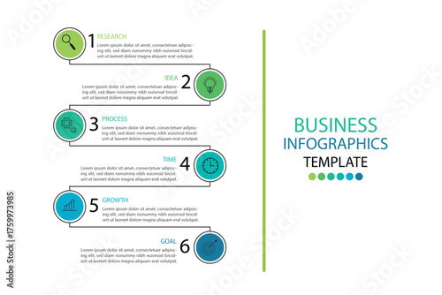Editable business infographic template design with 6 steps. Infographic template which can be used for presentations banners, workflow layout, annual report, web design.