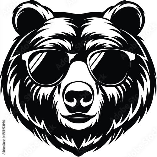 Sleek bear head with sunglasses displays a striking contrast in black and white detail