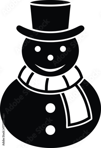 Minimalist Snowman Vector Icon with Top Hat and Striped Scarf