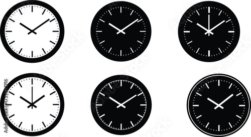 Collection of analog clock vector illustrations with black and white minimalist clock faces, round frame designs, timekeeping, modern wall decor