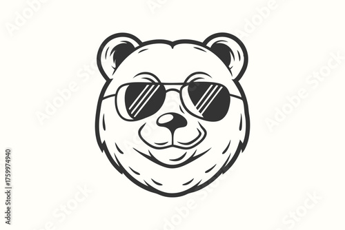 Outlined bear head features cool sunglasses, adding a touch of whimsical charm to the artwork