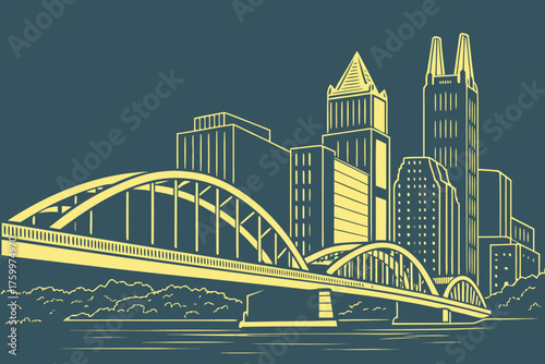 Minimalist Pittsburgh skyline with yellow bridges and modern style
