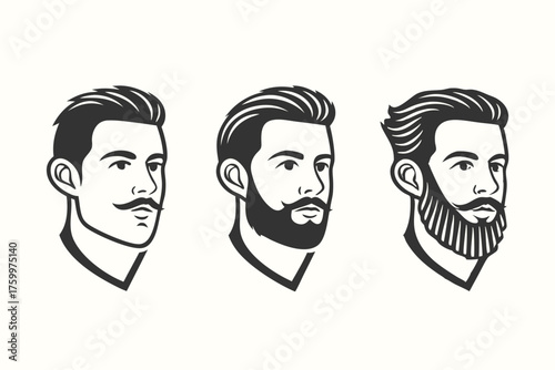 Three different styles of bearded man's face, mustache, and hair are displayed against a white background