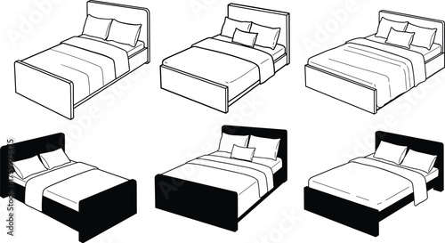 Collection of black and white bed vector illustrations with pillows, blankets, headboards, minimal bedding, modern furniture design elements
