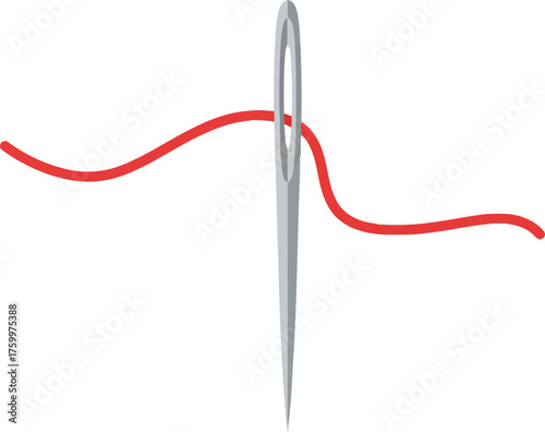 Red thread through sewing needle close up macro detail vector