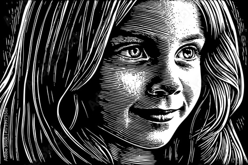 portrait of a little girl face black and white sketch vector with bold shadows and smooth lines. Perfect for album covers, posters, and fashion branding