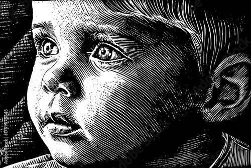 portrait of a little boy face black and white sketch vector with bold shadows and smooth lines. Perfect for album covers, posters, and fashion branding