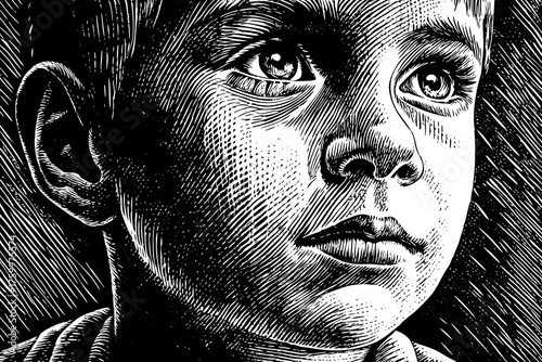 portrait of a little boy face black and white sketch vector with bold shadows and smooth lines. Perfect for album covers, posters, and fashion branding