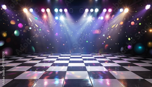 Colorful disco dance floor with lights shining in dark atmosphere  