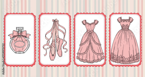 A charming collection of ballet-themed items including perfume, ballet slippers, and elegant dresses on a striped background