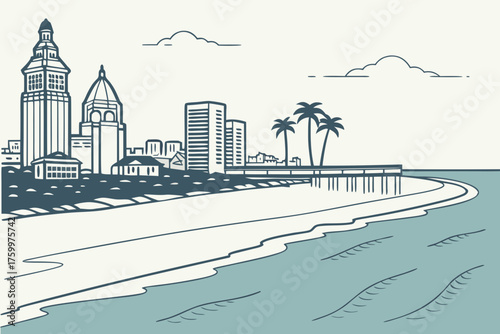 Minimalist San Diego skyline vector with calm beach horizon
