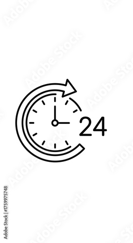Outline 24-Hour Round-the-Clock Service and Availability Clock Icon