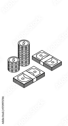 Isometric Money Stacks Icon: Cash, Dollar Bills, and Coin Piles Outline