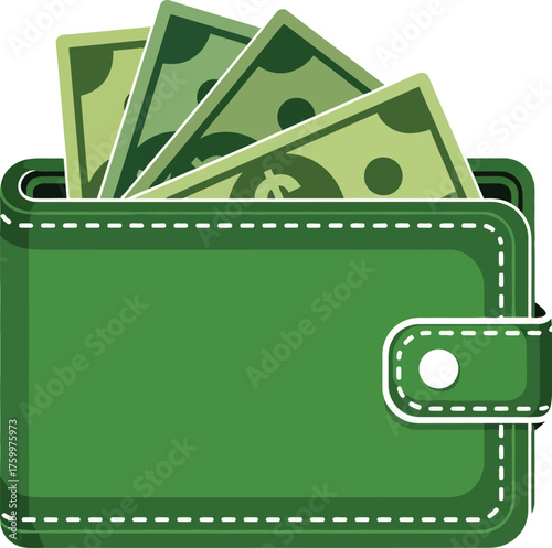 Green wallet overflowing with us dollar bills symbolizing wealth and financial prosperity flat design vector illustration white background