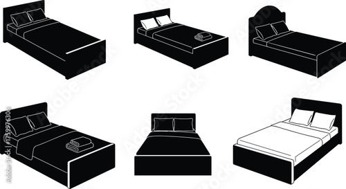Set of modern black and white bed vector illustrations with pillows, blankets, headboards, minimal bedding designs for interior concepts