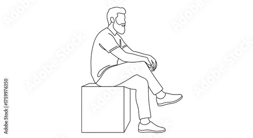 Outline Bearded Man Sitting Icon PNG – Casual Pose Male Figure Vector