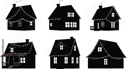 Silhouette houses decorated with Christmas lights, festive holiday home vector illustration, winter celebration design, seasonal decoration artwork, cozy night scene