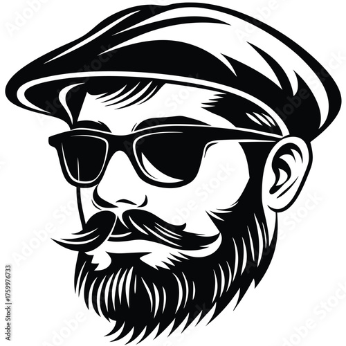 Monochrome man with a stylish mustache, beard, cap, and cool sunglasses presents a retro look