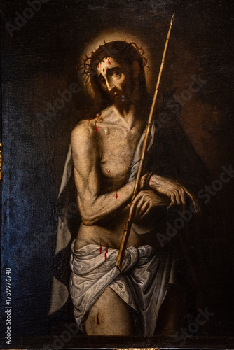 Ecce Homo, ca. 1600, oil on canvas, Christ whipped and wearing a crown of thorns, Huesca Diocesan Museum, Aragon community, Spain