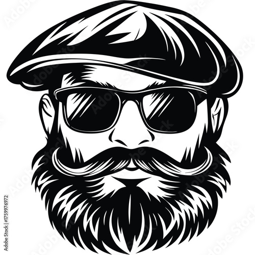 Monochrome man with large beard, cap, and sunglasses shows a strong stylized character