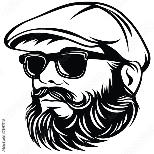 Stylishly bearded man wearing a hat and sunglasses presents a cool art