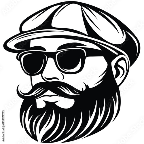 Monochrome stylized bearded man dons a peaked cap and sunglasses in bold, distinct artwork