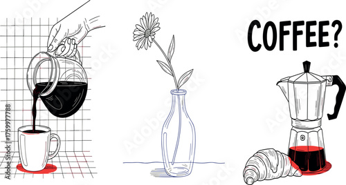A charming set of hand-drawn minimalist illustrations depicting a cozy coffee morning routine with a moka pot and a fresh flower