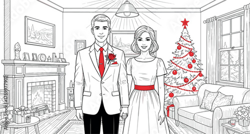A Newlywed Couple Poses in a Warmly Decorated Living Room with a Christmas Tree and Fireplace