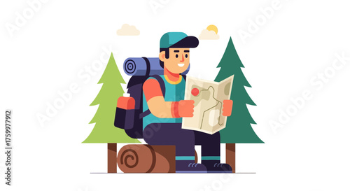 Adventurous Hiker Reading Map Surrounded By Fir Trees During The Nature's exploration expedition