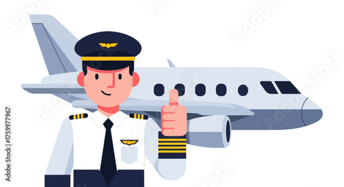 Aeronautical Illustration: A Smiling Pilot Giving Thumbs Up, Plane In The Background