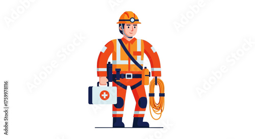 Alert And Prepared Rescue Worker Standing With First Aid Kit and Safety Equipment
