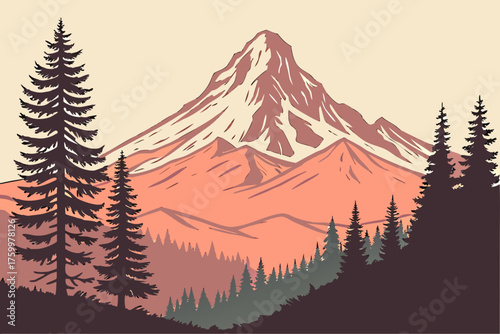 Minimal vector of Mount Hood with evergreen trees and sunrise

