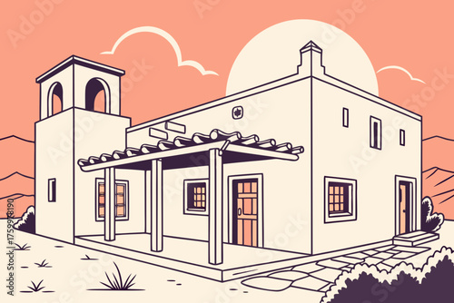 Minimal vector of Santa Fe adobe architecture and sunset tone
